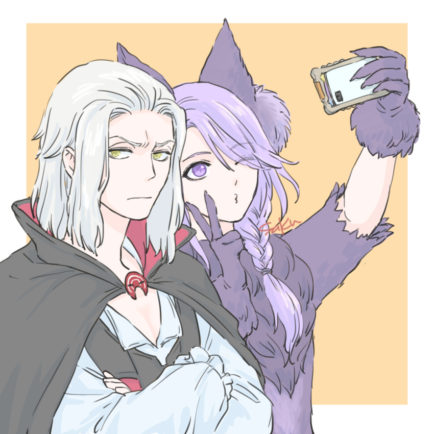 2boys, animal_costume, animal_ears, artist_name, black_cape, braid, cape, commentary_request