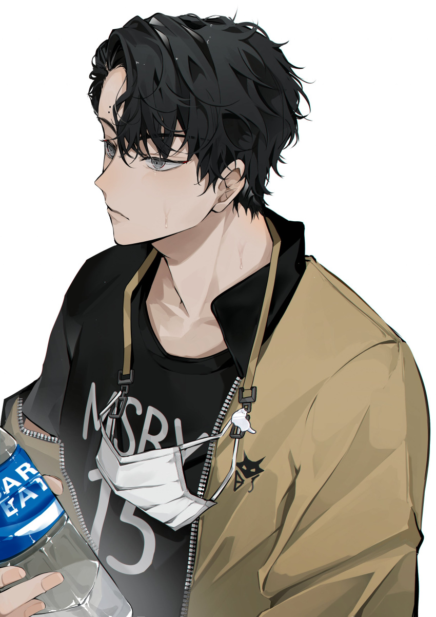 1boy, absurdres, black_hair, bottle, commentary, crew_neck, grey_eyes, haikyuu!!, highres, holding, holding_bottle, jacket, jacket_over_sportswear, male_focus, mask, mole, mole_on_forehead, mouth_mask, msby_black_jackals_jacket, msby_black_jackals_volleyball_uniform, myanya, sakusa_kiyoomi, short_hair, simple_background, single_off_shoulder, solo, sportswear, symbol-only_commentary, unworn_mask, unzipped, volleyball_uniform, water_bottle, white_background