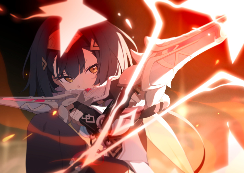 1girl, amber_(stella_sora), black_gloves, black_hair, black_leotard, black_thighhighs, dress, dual_wielding