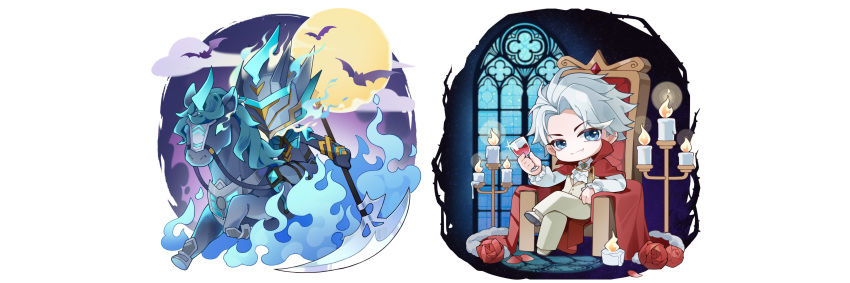 1boy, 1other, absurdres, alternate_costume, arched_window, armor, bat_(animal), blue_eyes