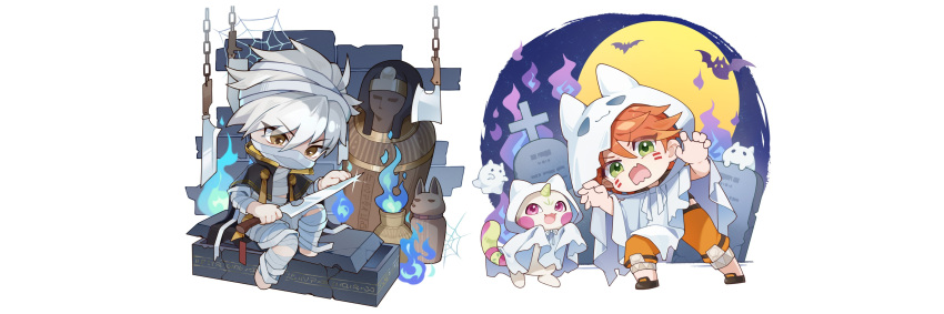 2boys, absurdres, alternate_costume, animal_hood, axe, bandaged_arm, bandaged_leg, bandaged_torso