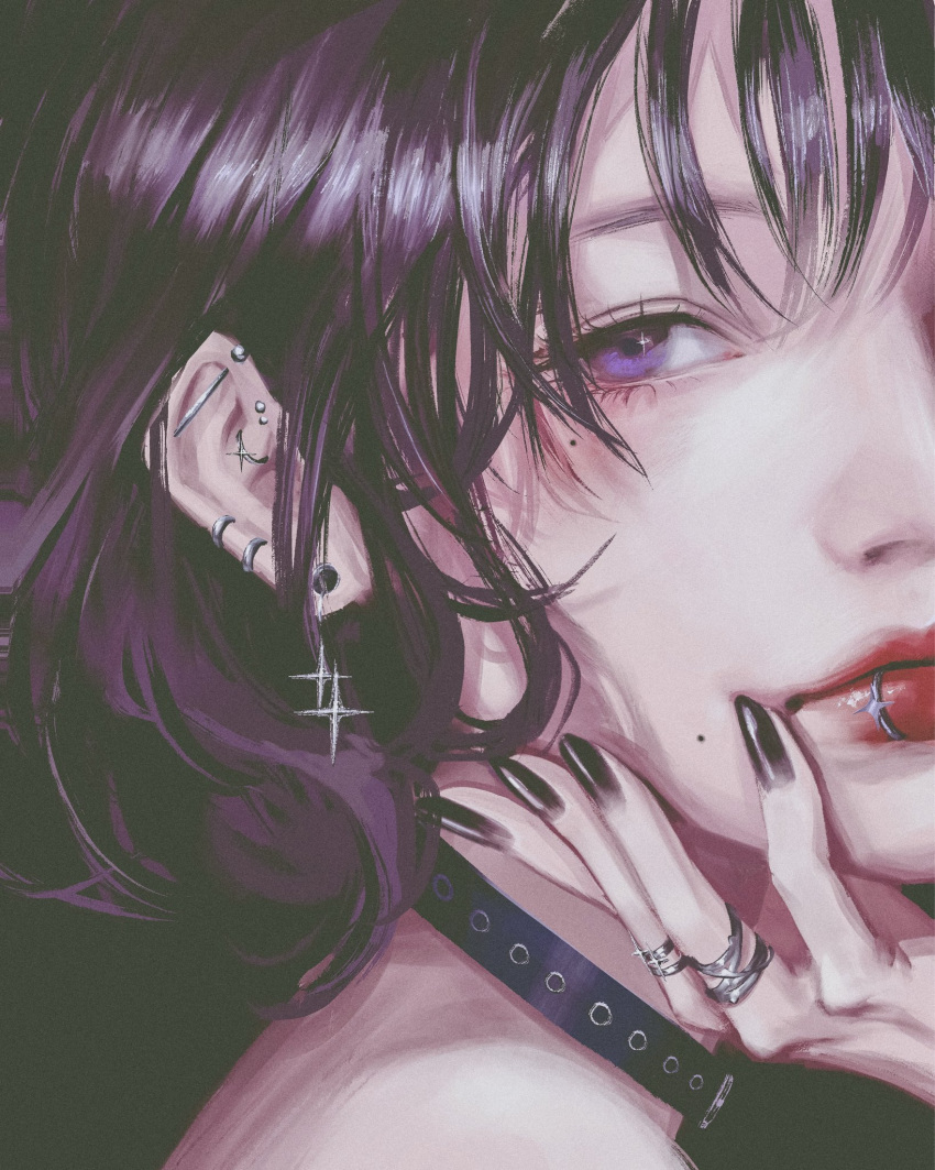 1girl, barbell_piercing, black_collar, black_hair, black_nails, collar, commentary, doloyume
