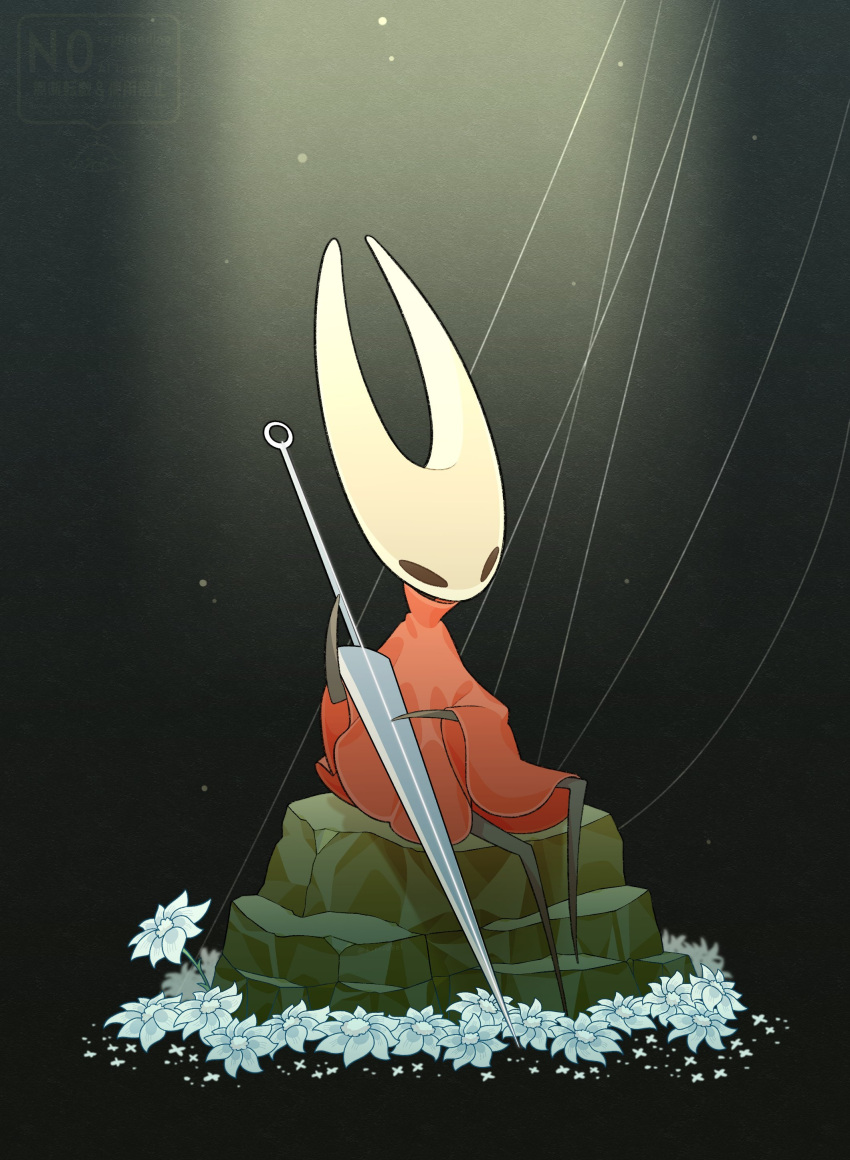 1girl, absurdres, arthropod_girl, black_eyes, black_skin, cloak, colored_skin, flower