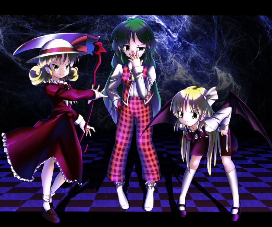 ascot, bad_id, bat_wings, blonde_hair, blush, dress, elly, green_eyes, green_hair, hat, kazami_yuuka, kazami_yuuka_(pc-98), kneehighs, kurumi_(touhou), long_hair, lotus_land_story, multiple_girls, pants, plaid, plaid_pants, plaid_vest, ribbon, scythe, short_hair, skirt, smile, suspenders, thigh-highs, thighhighs, touhou, touhou_(pc-98), tyourou_god, vest, white_legwear, wings, yellow_eyes, youkai