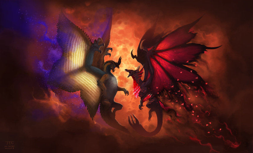absurdres, backlighting, bat_wings, claws, commentary, dragon, eye_contact, face-to-face