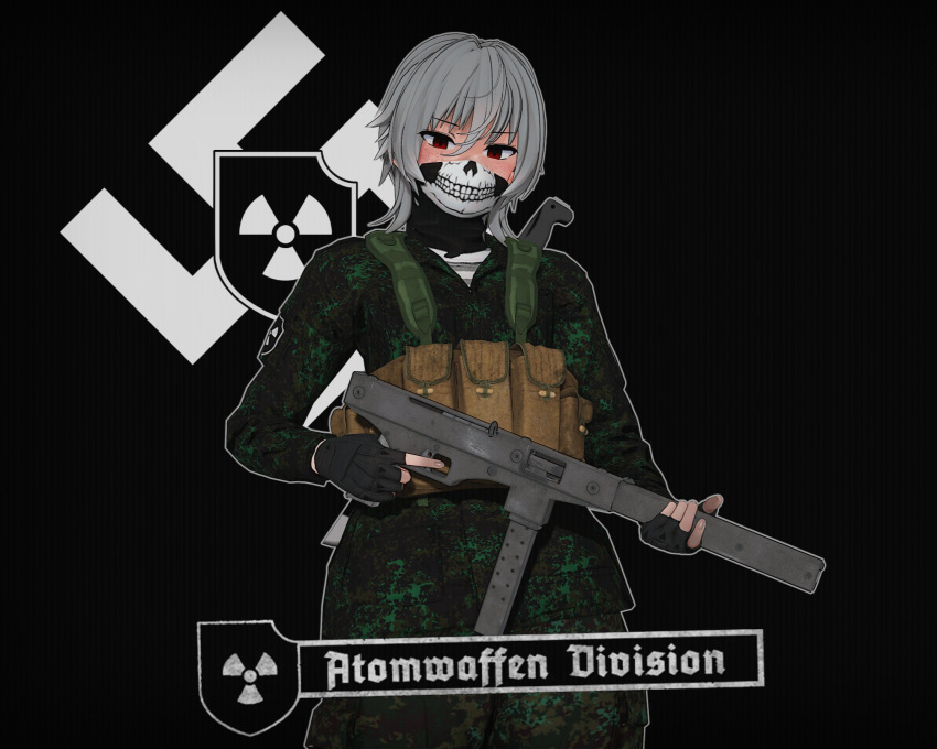 1girl, ammunition, atomwaffen_division, black_background, black_gloves, camouflage, camouflage_pants, camouflage_shirt