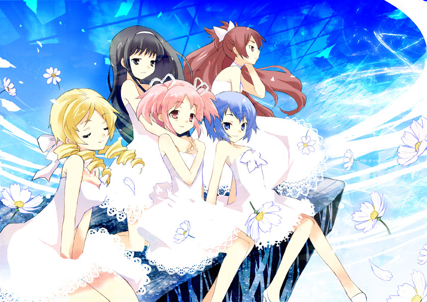akemi_homura, alternate_costume, bad_id, bare_shoulders, black_hair, blonde_hair, blue_eyes, blue_hair