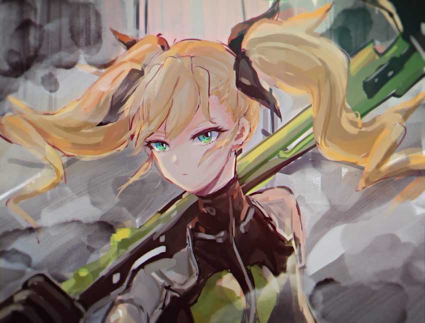 1girl, black_bodysuit, black_ribbon, blonde_hair, bodysuit, fairouz_ai, green_eyes, hair_ribbon