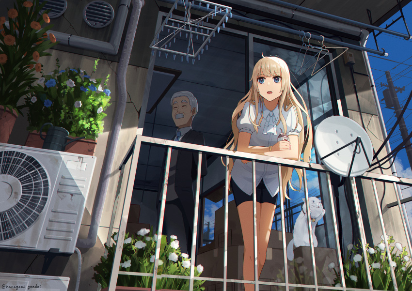 1boy, 1girl, absurdres, against_railing, air_conditioner, artistic_error, balcony, black_pants, blonde_hair, blue_eyes, box, butler, cardboard_box, cat, clothes_hanger, condenser_unit, day, drink, facial_hair, feet_out_of_frame, flower, formal_clothes, from_below, from_outside, grey_hair, hanagami_gendai, highres, holding_carton, leaning_forward, long_hair, looking_afar, mustache, necktie, old, old_man, open_mouth, original, outdoors, pants, plant, potted_plant, power_lines, radar_dish, railing, revision, satellite_dish, shirt, short_sleeves, shorts, standing, suit, utility_pole, white_shirt, yojouhan