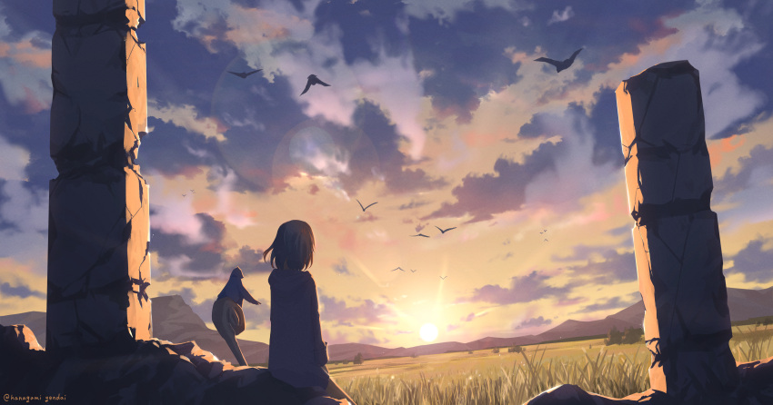 1girl, absurdres, bird, clouds, cloudy_sky, commentary, facing_away, field, from_behind, hanagami_gendai, highres, lens_flare, long_sleeves, looking_afar, mountainous_horizon, original, outdoors, revision, ruins, scenery, short_hair, sitting, sky, staff, sunlight, sunrise, sunset, twitter_username, wide_shot