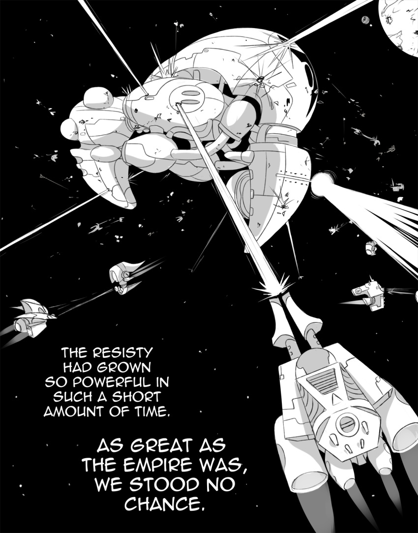 black_background, english_text, greyscale, highres, inimoose, invader_zim, laser, massive_(invader_zim), monochrome, no_humans, spacecraft, war
