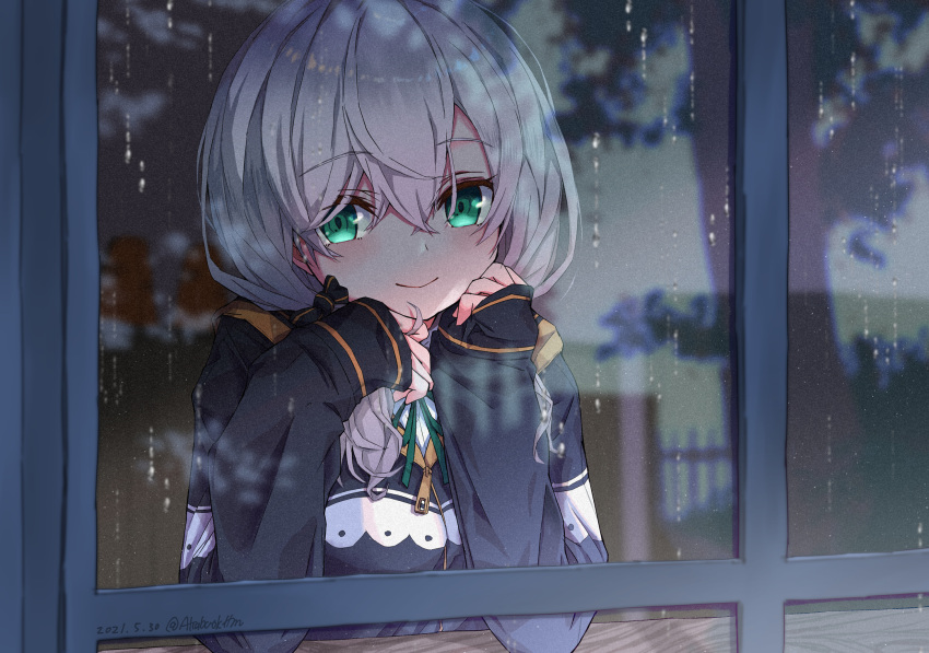 1girl, arms_on_table, ars_almal, ars_almal_(4th_costume), black_ribbon, blue_jacket, book, bow