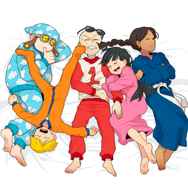 2girls, 3boys, arm_hug, bald, barefoot, black_hair, blonde_hair, braid