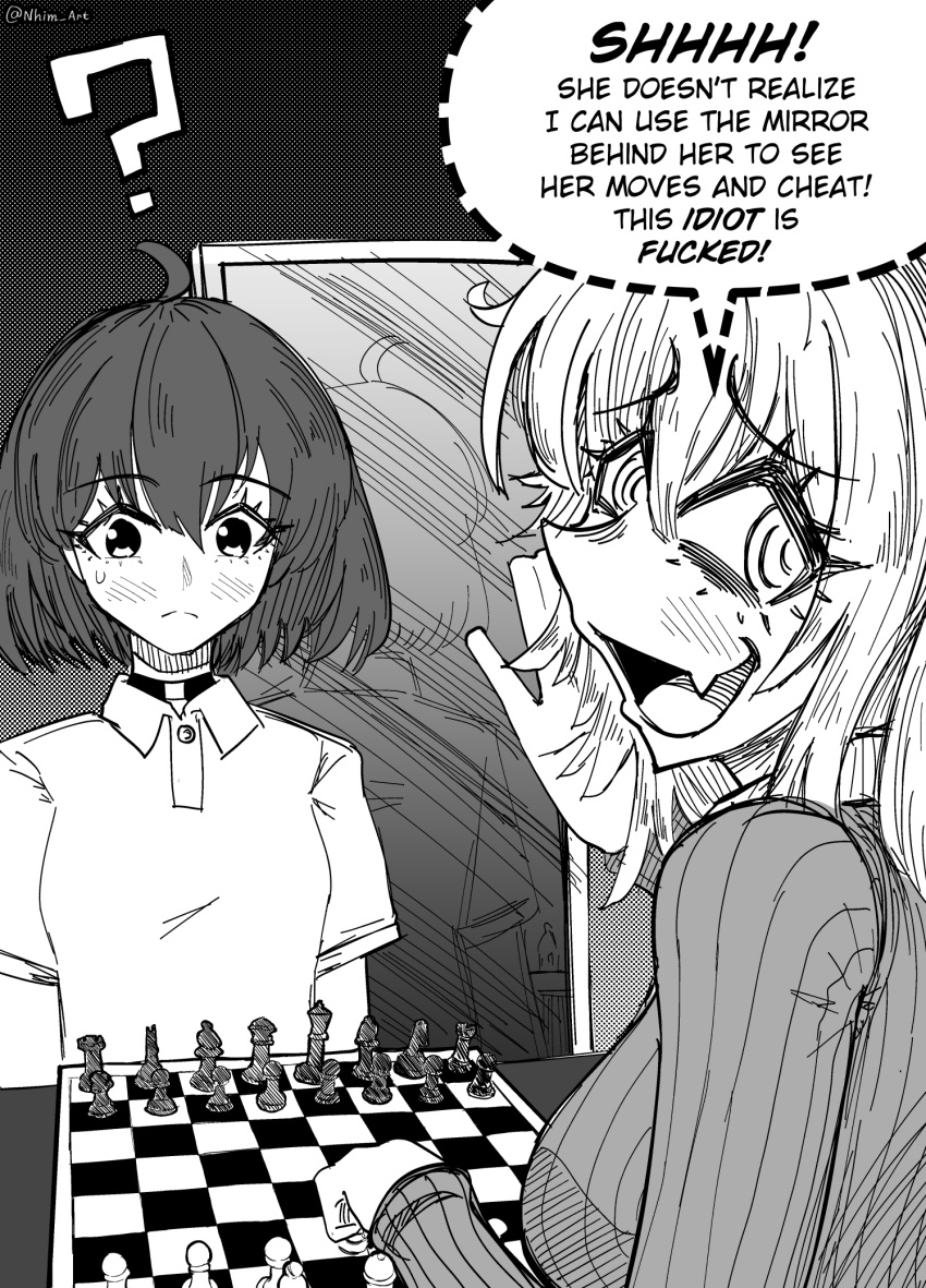 2girls, ?, @_@, artist_name, bags_under_eyes, board_game, breasts, cheating_(competitive), chess, choker, elise_(nhim), english_commentary, english_text, fang, greyscale, highres, large_breasts, long_hair, looking_at_viewer, mimi_(nhim), mirror, monochrome, multiple_girls, nhim, original, profanity, skin_fang, small_breasts, sweatdrop, sweater, whispering
