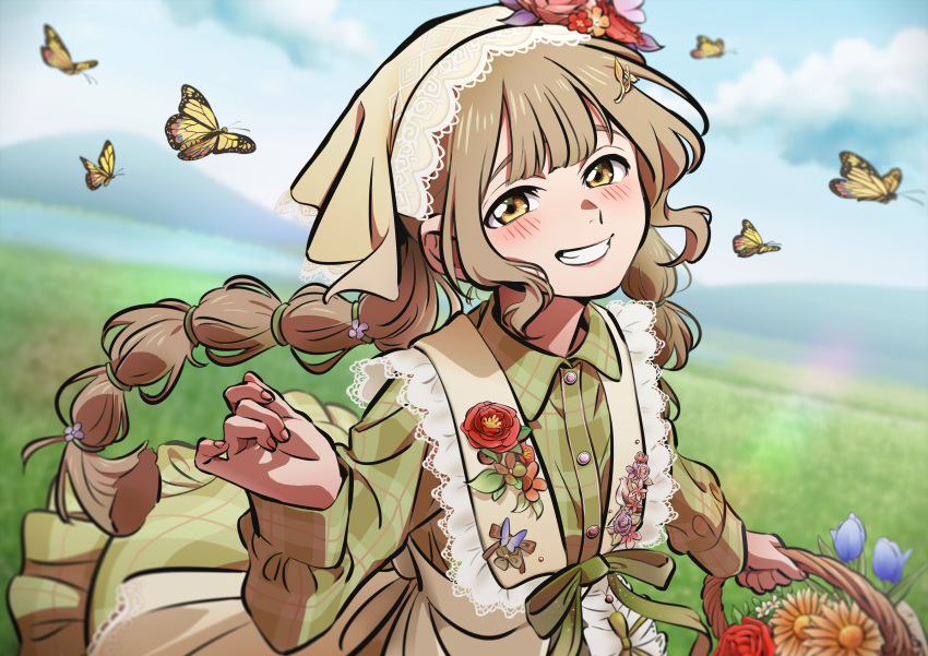 1girl, absurdres, apron, argyle_clothes, argyle_headscarf, blue_flower, blue_sky, blunt_bangs