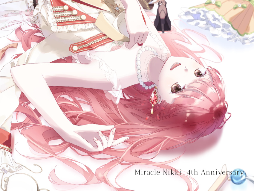 1girl, anniversary, bare_arms, bare_shoulders, bead_necklace, beads, blunt_bangs, bobo_(miracle_nikki)