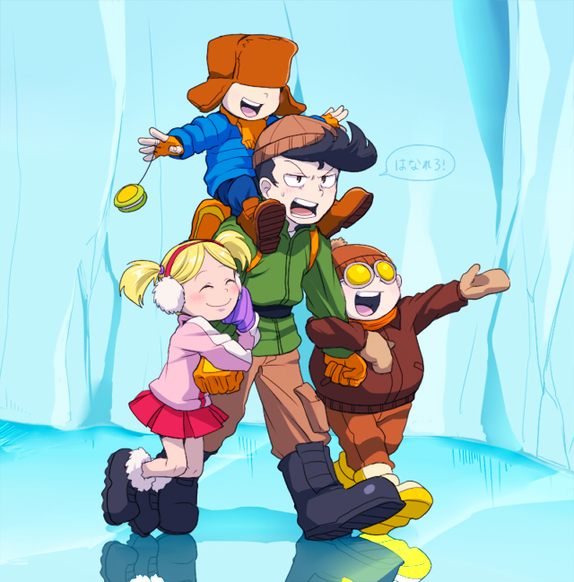1girl, 3boys, age_difference, arm_hug, backpack, bag, beanie, black_hair