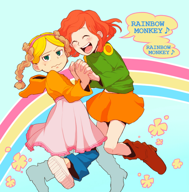 1boy, 1girl, blonde_hair, blush, boots, brown_boots, closed_eyes, codename:_kids_next_door