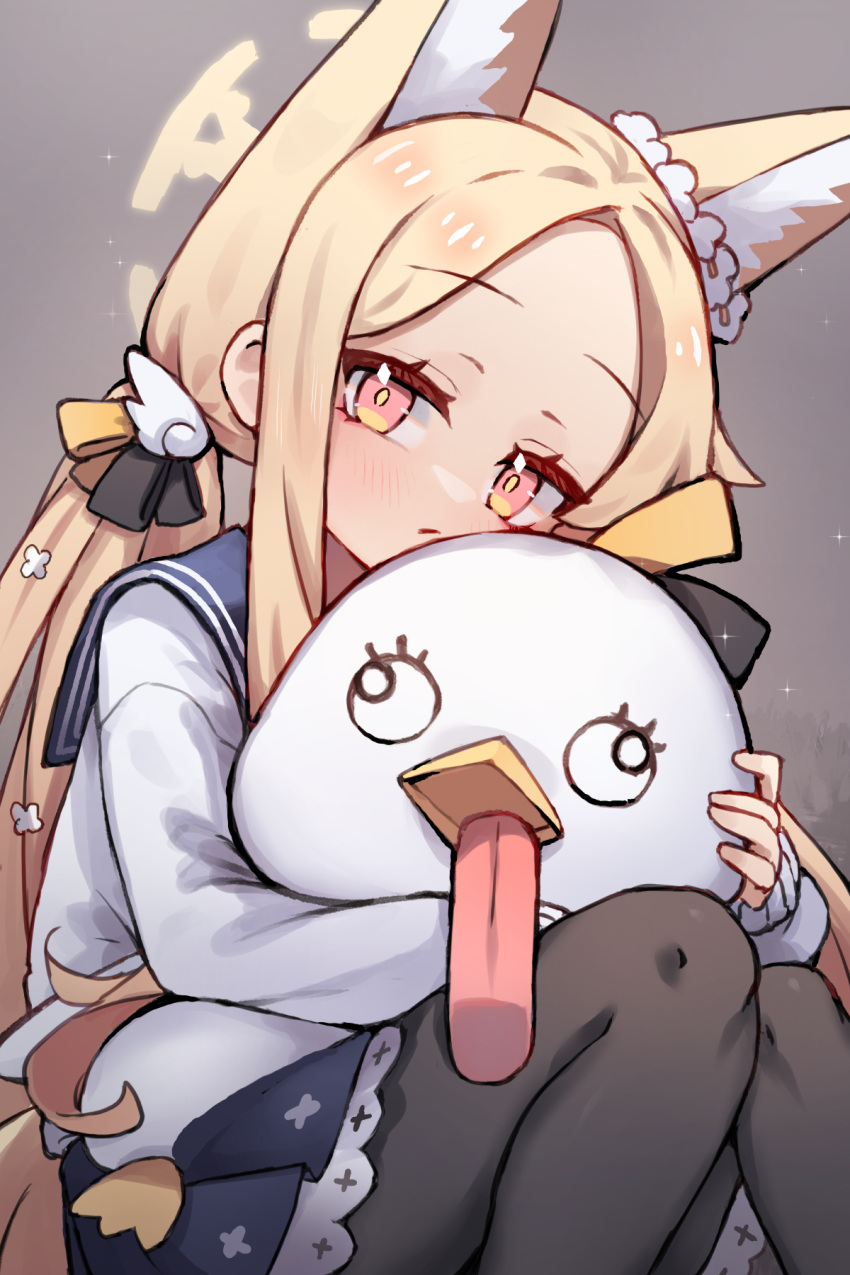1girl, animal_ears, black_pantyhose, blonde_hair, blue_archive, blue_sailor_collar, blue_skirt, cardigan