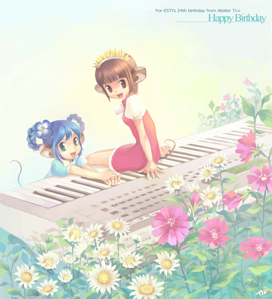 2girls, :d, animal_ears, archived_source, artist_name, blue_dress, blue_eyes, blue_flower