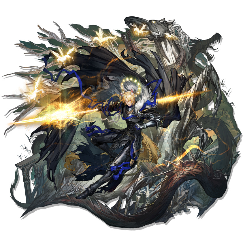 1boy, absurdres, animal_ears, arknights, armor, black_armor, blonde_hair, blue_ribbon