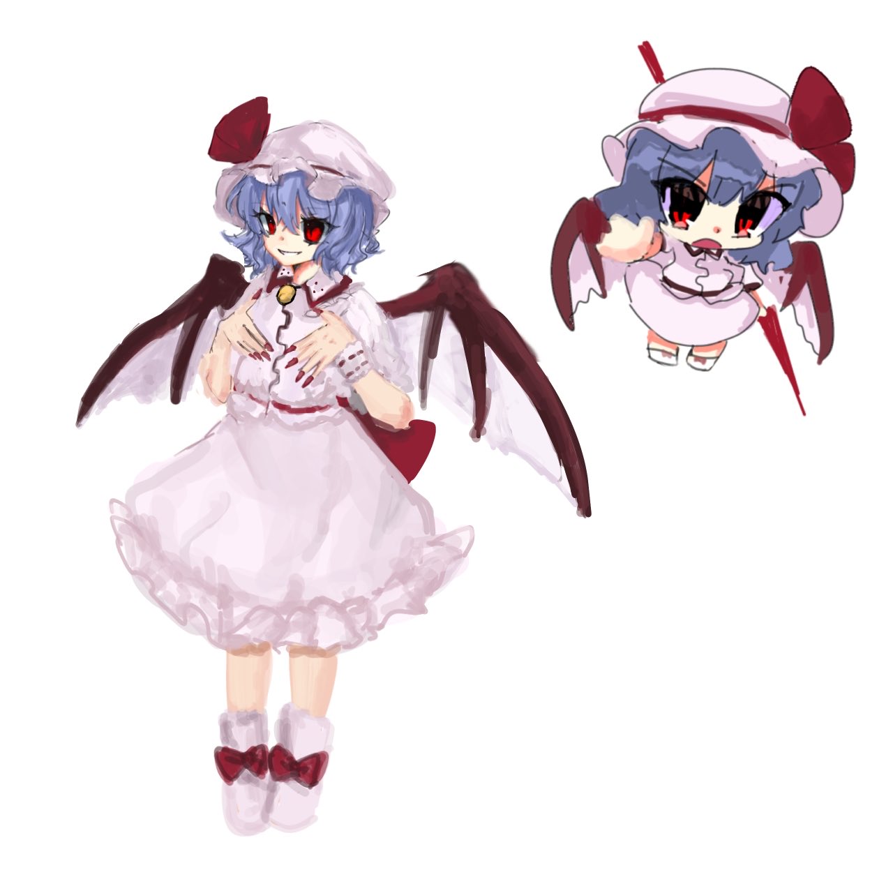 1girl, bat_wings, blue_hair, bow, chibi, collared_shirt, embodiment_of_scarlet_devil, fingernails