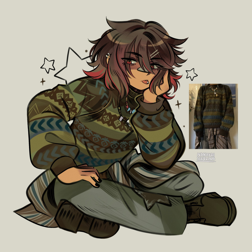 1other, absurdres, ankle_boots, artist_name, black_boots, boots, brown_hair, closed_mouth, clothes_around_waist, colored_tips, commentary, deltarune, denim, ear_piercing, english_commentary, full_body, green_sweater, grey_background, grey_jacket, grey_pants, hair_between_eyes, hand_on_own_cheek, hand_on_own_face, hand_on_own_knee, hand_up, highres, indian_style, jacket, jacket_around_waist, jeans, jewelry, kris_(deltarune), long_sleeves, looking_at_viewer, medium_hair, multicolored_hair, nanakaiseedling, necklace, other_focus, pants, piercing, puffy_long_sleeves, puffy_sleeves, red_eyes, red_hair, reference_inset, shaded_face, simple_background, sitting, solo, star_(symbol), striped_clothes, striped_jacket, striped_sweater, sweater, swept_bangs, tongue, tongue_out, tongue_piercing, tsurime, two-tone_hair, utdr_(toby_fox)