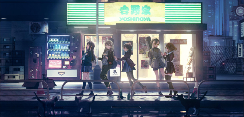 5girls, ahoge, aijotooko, aqua_necktie, awa_subaru, black_choker, black_dress, black_hair