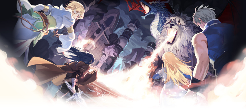 2boys, 2girls, architecture, arm_wrap, armlet, artist_request, bare_arms, bare_shoulders