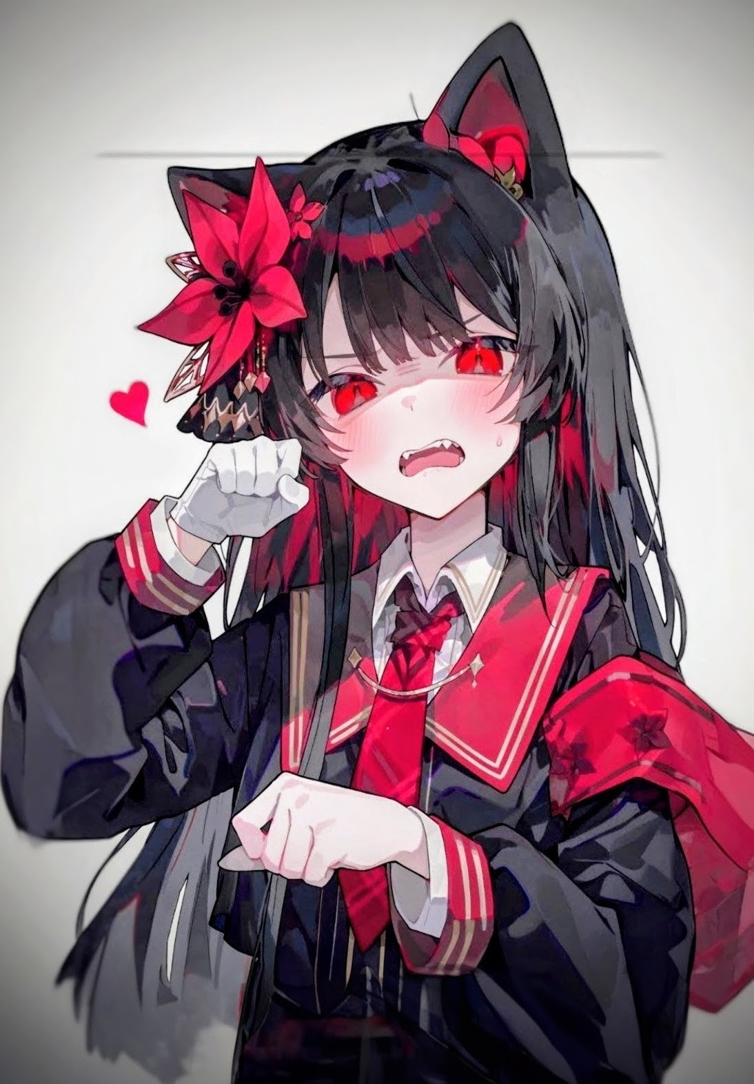 1girl, animal_ears, armband, black_hair, black_jacket, blush, cat_ears, collared_shirt