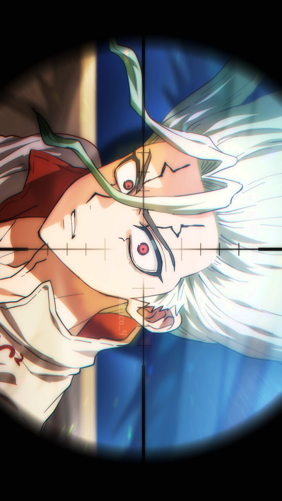 1boy, aiming, clenched_teeth, d_ico_4, dr._stone, green_hair, highres, ishigami_senkuu