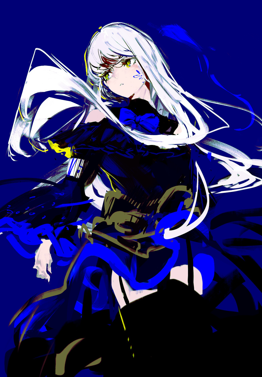 1girl, absurdres, bang_dream!, black_dress, black_thighhighs, blue_background, clothing_cutout, dress