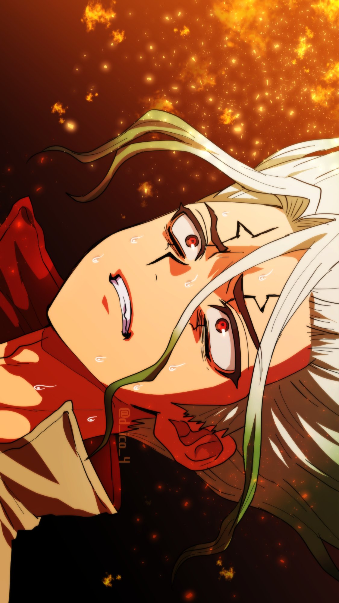 1boy, clenched_teeth, d_ico_4, dr._stone, fire, green_hair, highres, ishigami_senkuu, long_hair, red_eyes, scared, serious, simple_background, sweat, sweatdrop, teeth, upper_body