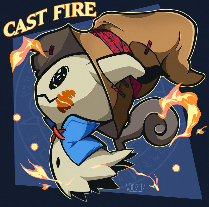 black_eyes, black_mage_(final_fantasy), black_mage_(final_fantasy)_(cosplay), blue_cape, brown_hat, cape, character_name, clothed_pokemon