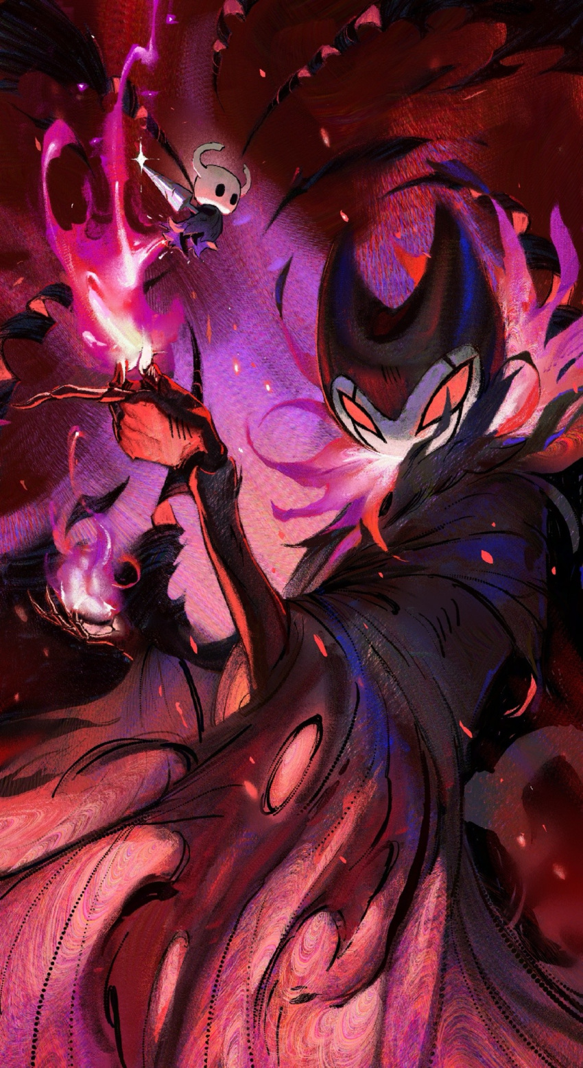 1boy, 1other, arthropod_boy, battle, black_cloak, boss_fight, cloak, english_commentary