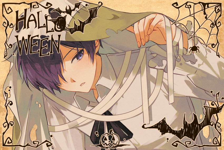1boy, bandages, black_ribbon, blanket_veil, blue_eyes, blue_hair, brown_background, commentary