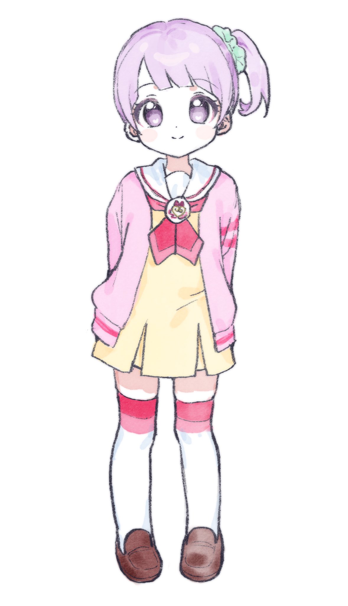 1girl, arms_behind_back, brown_shoes, cardigan, child, commentary, dot_nose, dress