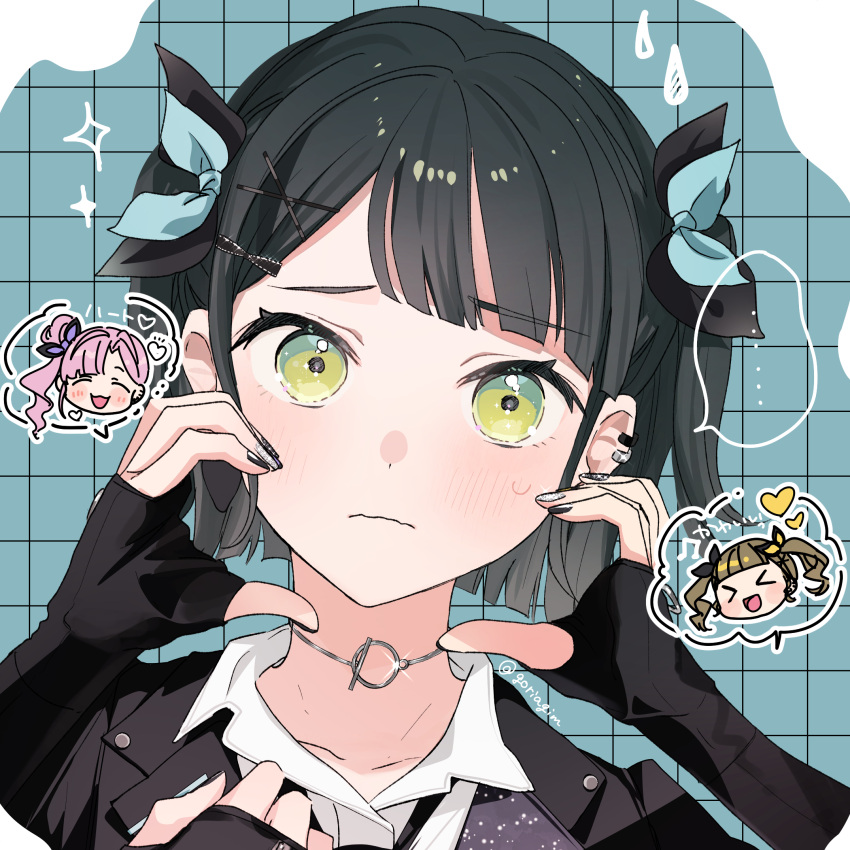 >_<, ..., 3girls, :3, :d, ^_^, anyoji_hime, blue_background, blush, brown_hair, chibi, chibi_inset, closed_eyes, collared_shirt, commentary_request, dress_shirt, embarrassed, frown, gimtaro, grid_background, hair_bun, heart, heart_hands, highres, i_do_me!_(love_live!), kachimachi_kosuzu, link!_like!_love_live!, looking_at_viewer, love_live!, momose_ginko, multiple_girls, official_alternate_costume, official_alternate_hairstyle, open_mouth, portrait, raised_inner_eyebrows, shirt, side_ponytail, single_side_bun, smile, solo_focus, sparkle, spoken_ellipsis, twintails, two_side_up, virtual_youtuber, wavy_mouth, white_shirt, xd