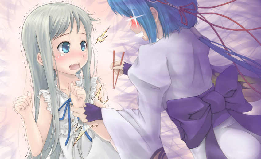 blue_eyes, blue_hair, chouun, crossover, dress, honma_meiko, koihime_musou, long_hair, parody, peroshiti_aniki, pun, saliva, wavy_mouth