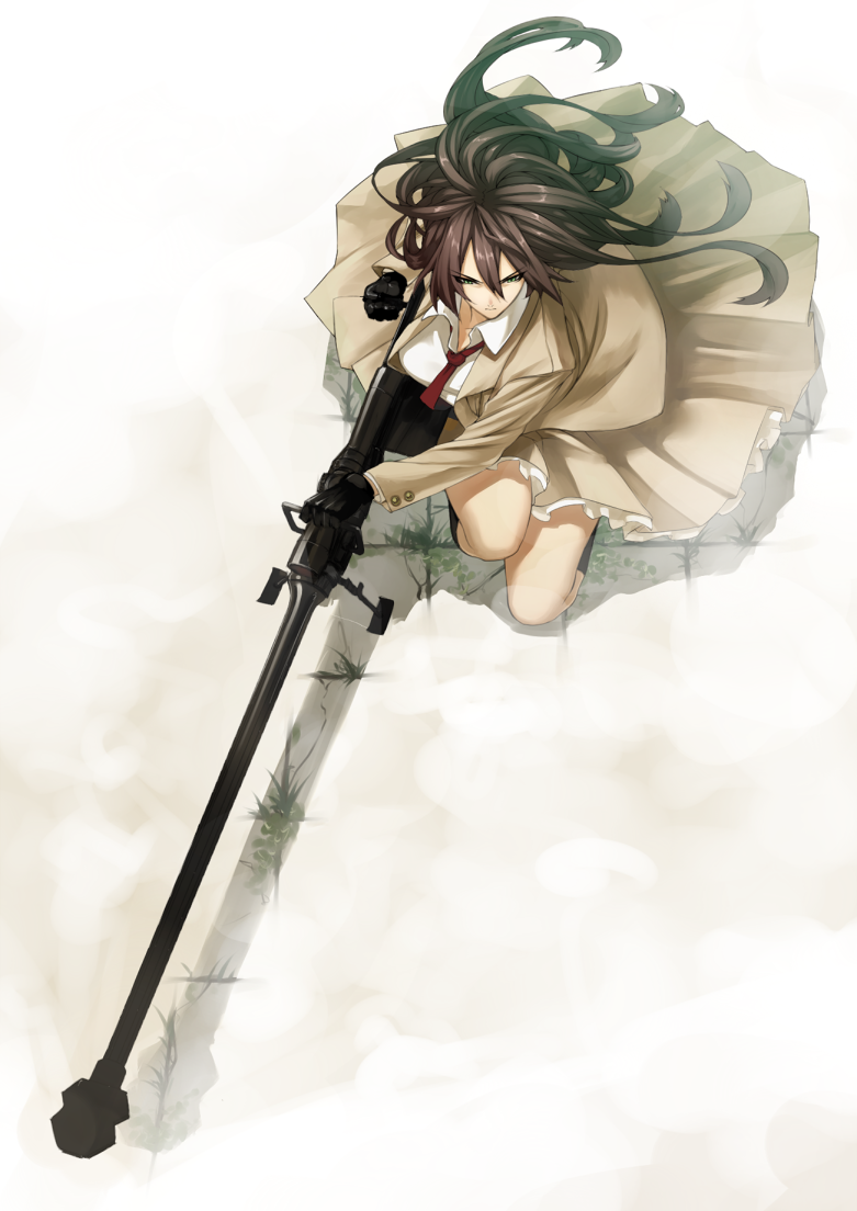 bipod, bolt_action, brown_hair, from_above, gloves, green_eyes, gun, long_coat