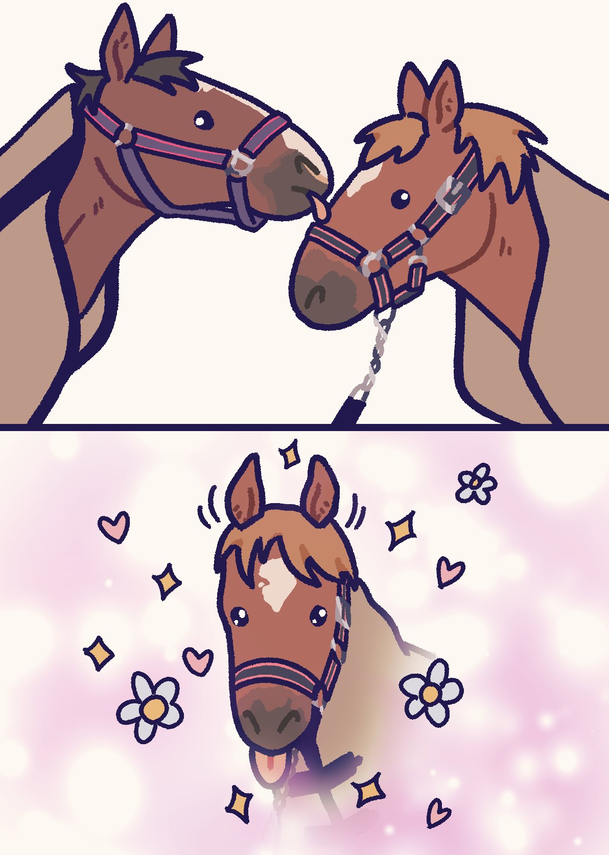 animal_focus, blanket, brown_horse, closed_mouth, daitoko, flower, heart, highres, horse, horse_blanket, licking, licking_another's_face, meisho_doto_(racehorse), no_humans, real_life, star_(symbol), taiki_shuttle_(racehorse), tongue, tongue_out