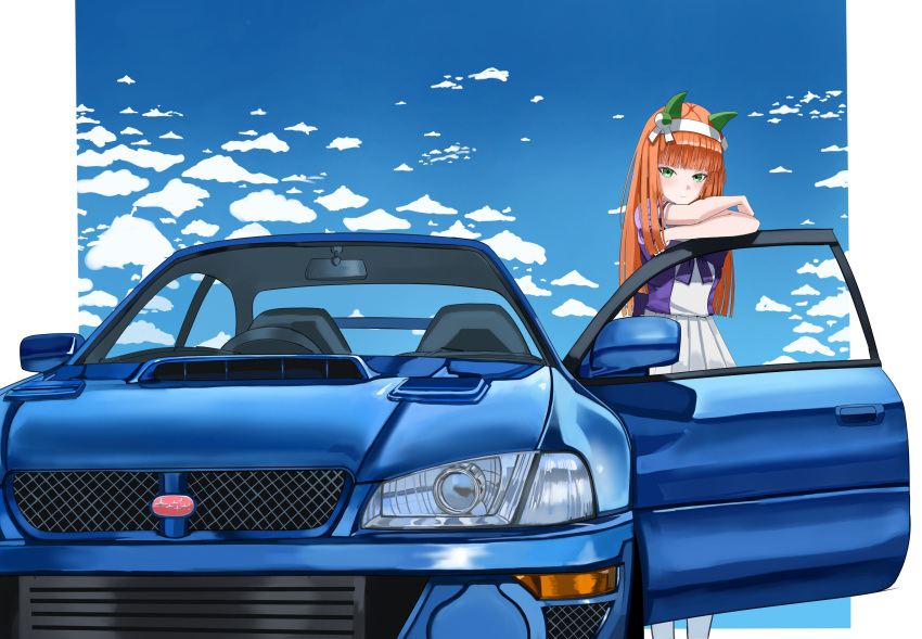 1girl, absurdres, animal_ears, blunt_bangs, car, closed_mouth, green_eyes, hairband