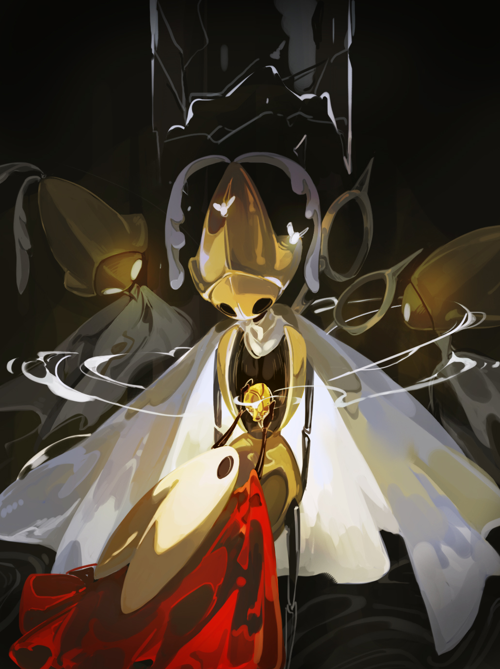 1girl, 3others, arthropod_girl, arthropod_limbs, black_eyes, black_skin, blank_eyes, blankowalska