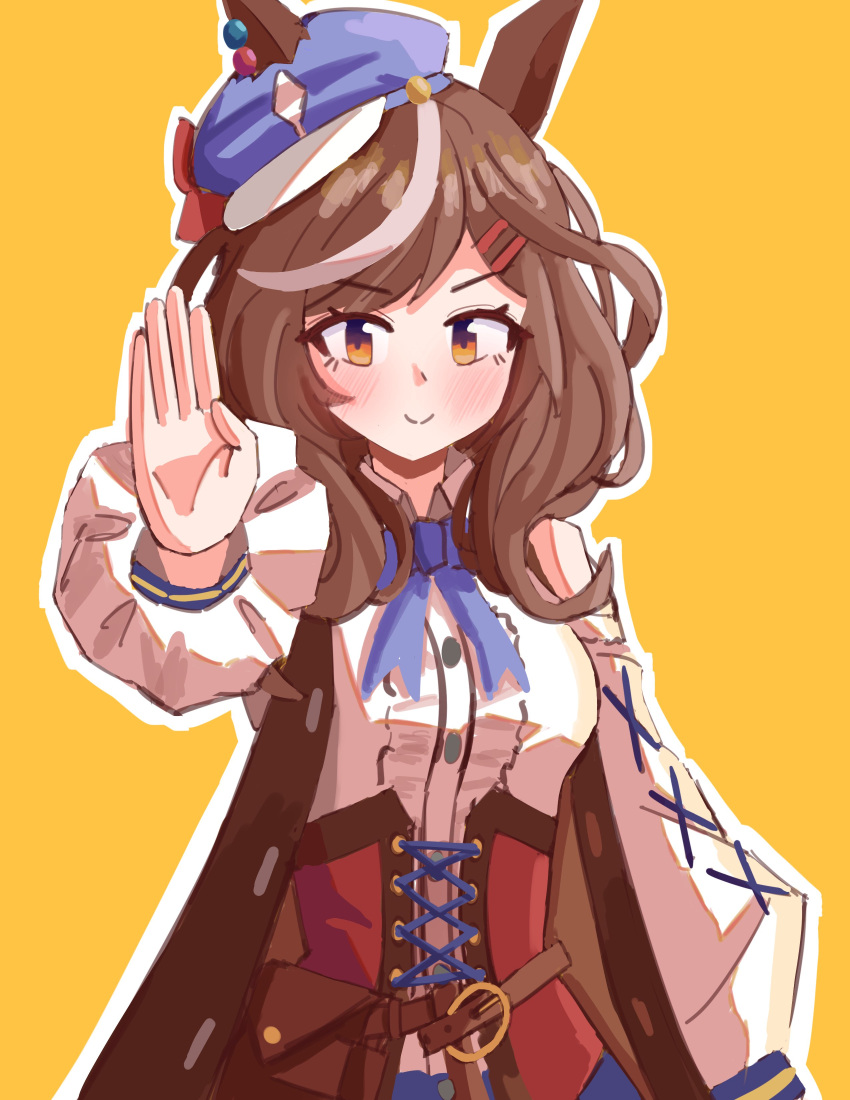 1girl, absurdres, animal_ears, belt_bag, blue_hat, blush, bow, breasts