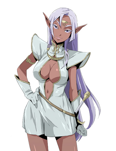 9aki, armband, breasts, cleavage, dark_elf, dark_skin, dress, elf, gloves, hand_on_hip, large_breasts, lavender_hair, long_hair, navel, pirotess, pointy_ears, purple_eyes, record_of_lodoss_war, solo, thighs, violet_eyes