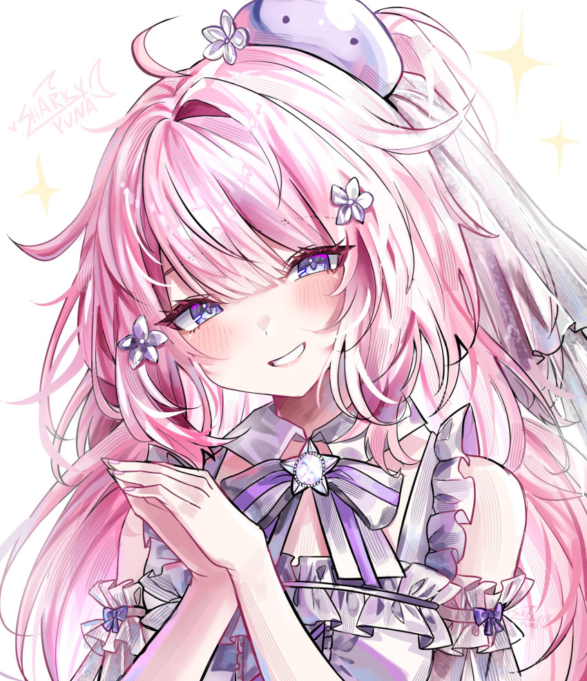 1girl, ahoge, bare_shoulders, blue_eyes, blush, bow, commentary, dress