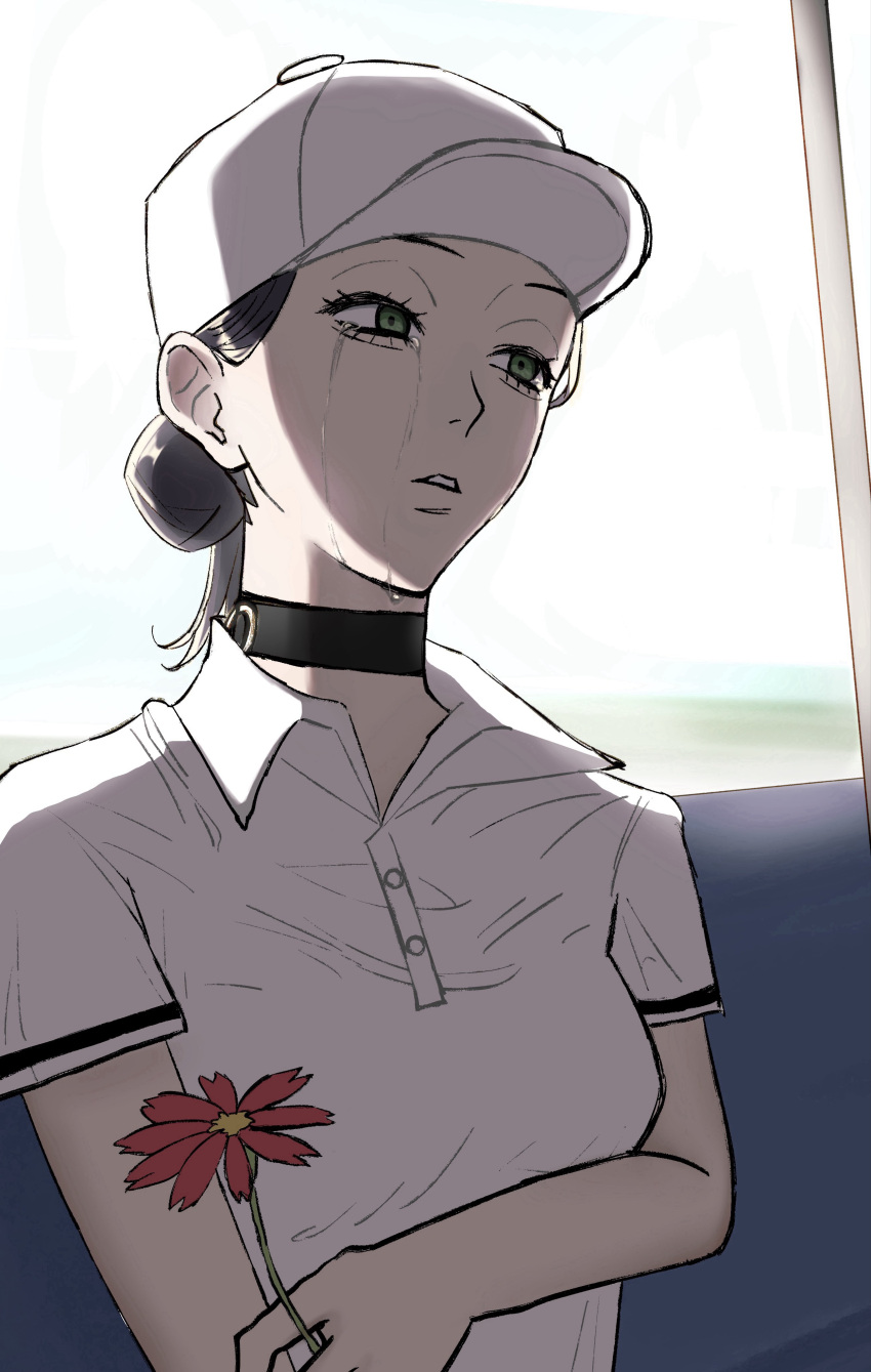 1girl, absurdres, black_choker, chainsaw_man, choker, crying, crying_with_eyes_open, flower