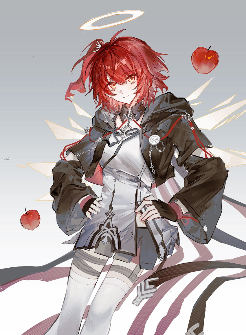 1girl, apple, arknights, black_gloves, black_jacket, bochishiraita, breasts, cropped_jacket