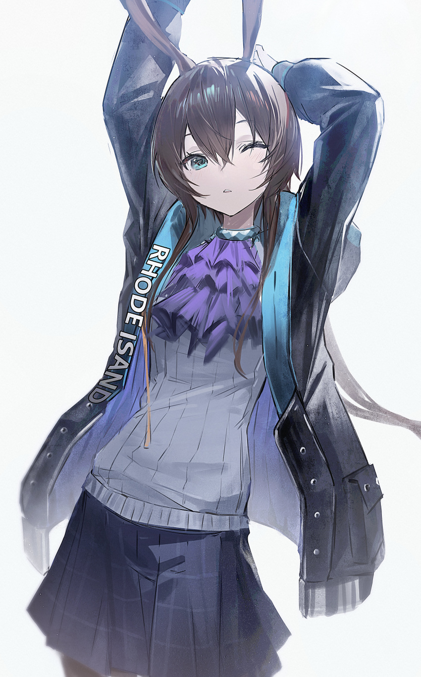 1girl, absurdres, amiya_(arknights), animal_ear_fluff, animal_ears, arknights, arms_up, ascot, black_jacket, black_pantyhose, blue_eyes, blue_skirt, blush, brown_hair, hair_between_eyes, highres, jacket, kino_(user_scft3885), long_hair, looking_at_viewer, one_eye_closed, open_clothes, open_jacket, pantyhose, pleated_skirt, purple_ascot, rabbit_ears, rabbit_girl, sidelocks, skirt, solo, sweater, white_sweater