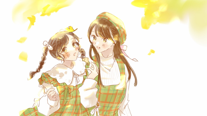 2girls, arm_at_side, assault_lily, autumn_leaves, beret, blush, bow, braid
